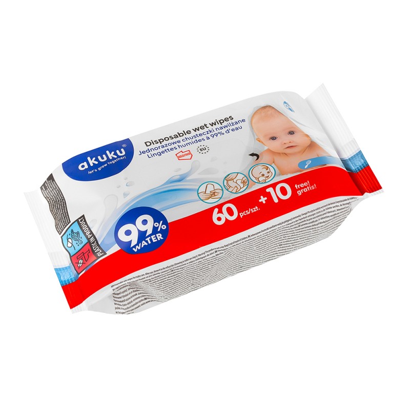 Chusteczki nawilżane Akuku 99% wody 60 szt. + 10 sz. GRATIS