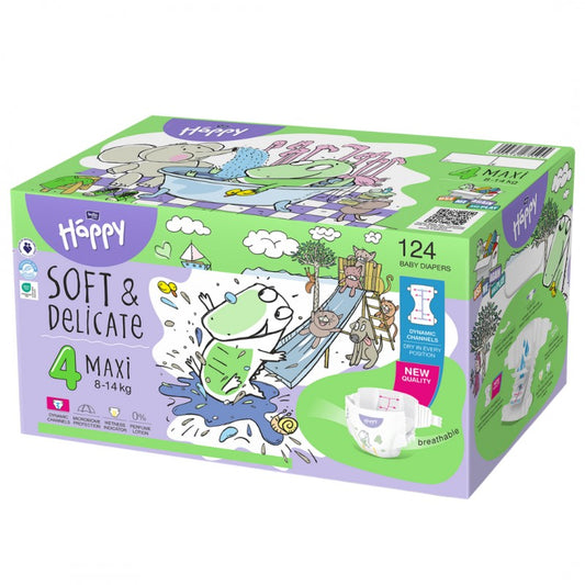 Pieluszki Bella Happy 4 Maxi z dynamicznymi kanałami BOX 124 szt.