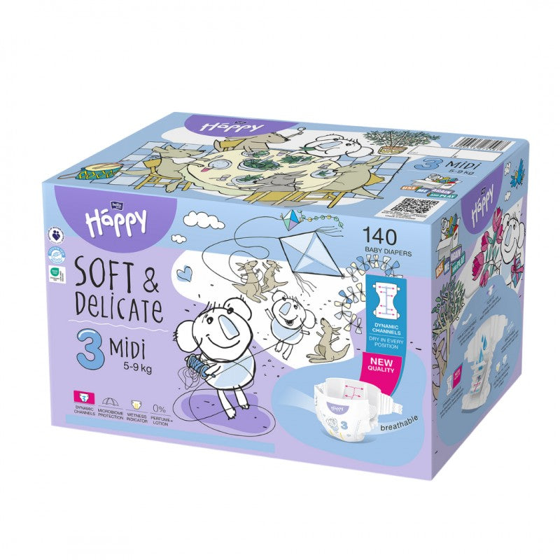 Pieluszki Bella Happy 3 Midi z dynamicznymi kanałami BOX 140 szt.
