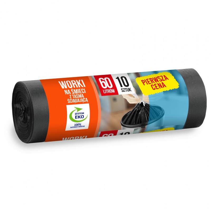 Worki na śmieci z taśmą ściągającą Pierwsza Cena 60 l 10 szt.