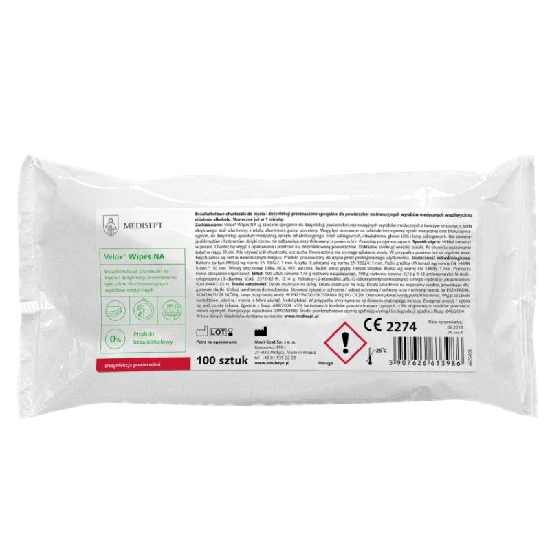 Chusteczki bezalkoholowe Velox Wipes NA do dezynfekcji powierzchni Medisept 100 szt.