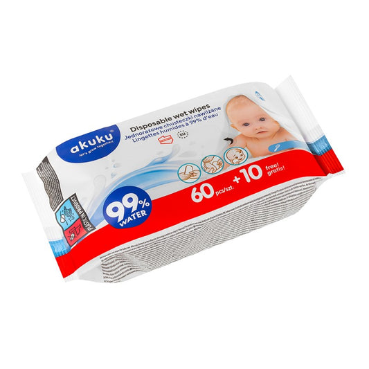 Chusteczki nawilżane Akuku 99% wody 60 szt. + 10 sz. GRATIS