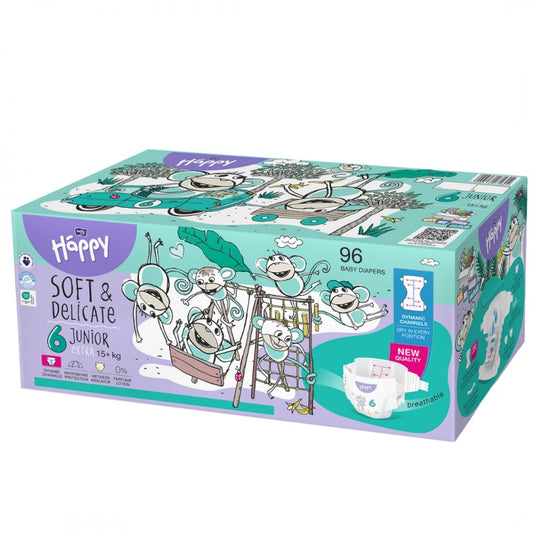 Pieluszki Bella Happy 6 Junior Extra z dynamicznymi kanałami BOX 96 szt.