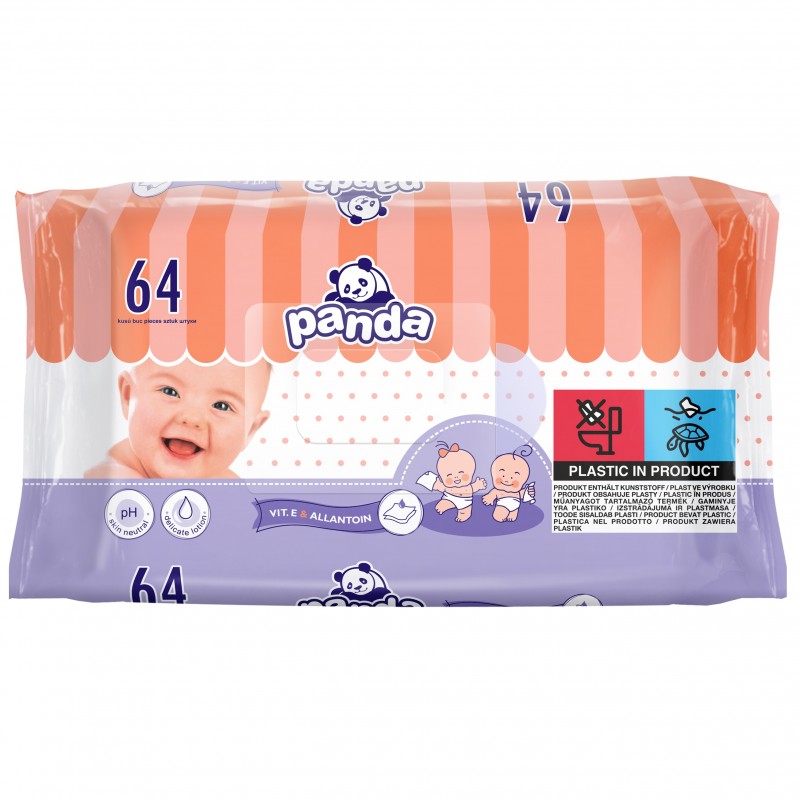 Chusteczki nawilżane Panda, z witaminą E i alantoiną 64szt.